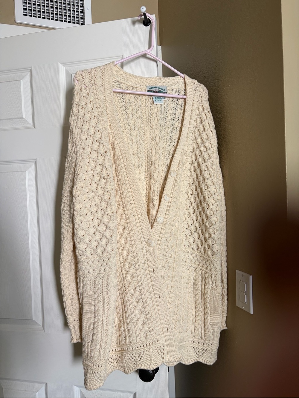 Aran Crafts Ivory Cable Knit Button-Front Cardigan